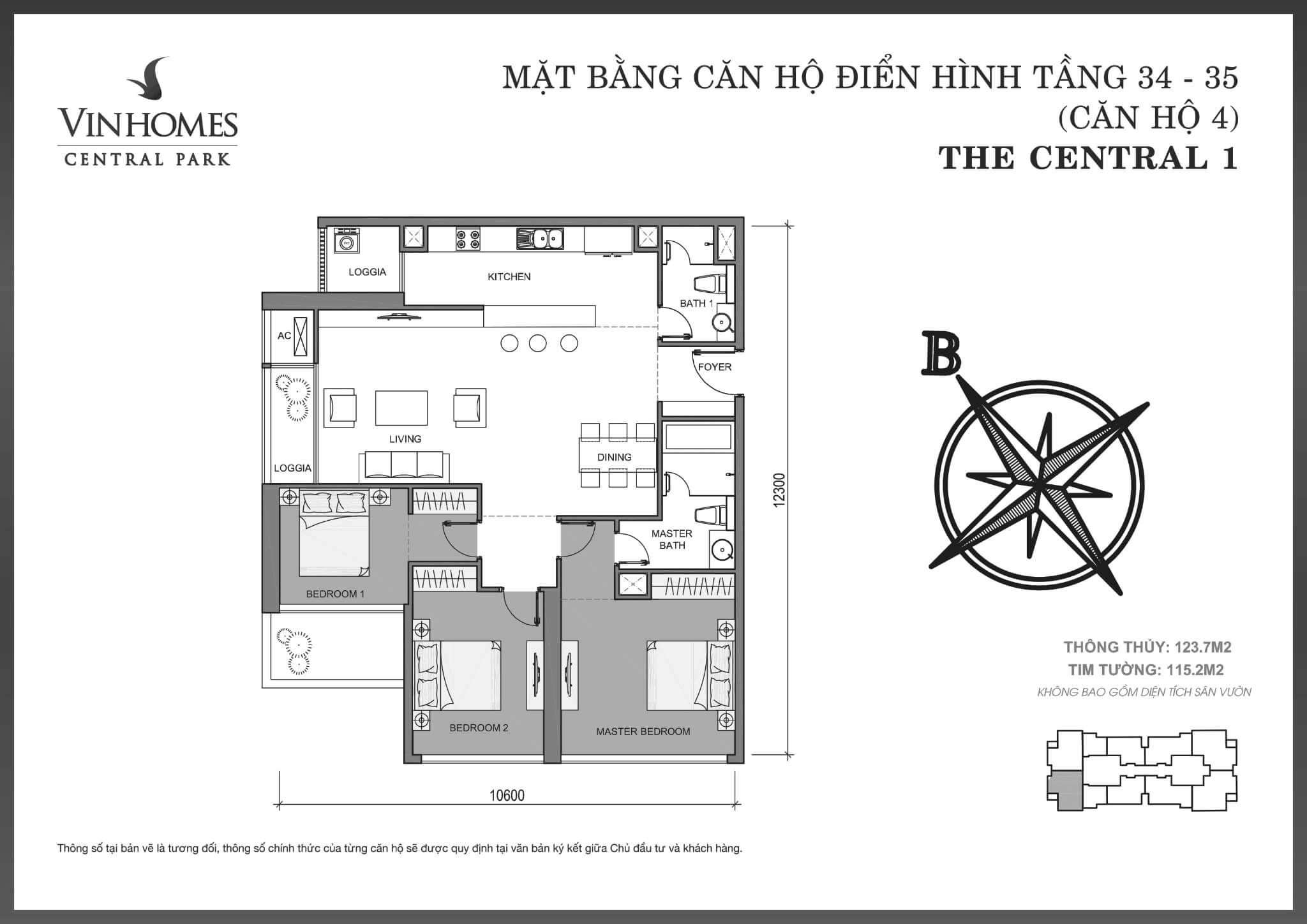 Layout căn hộ số 04 tầng 34-35 tòa The Central 1 - Mặt bằng Vinhomes Central Park