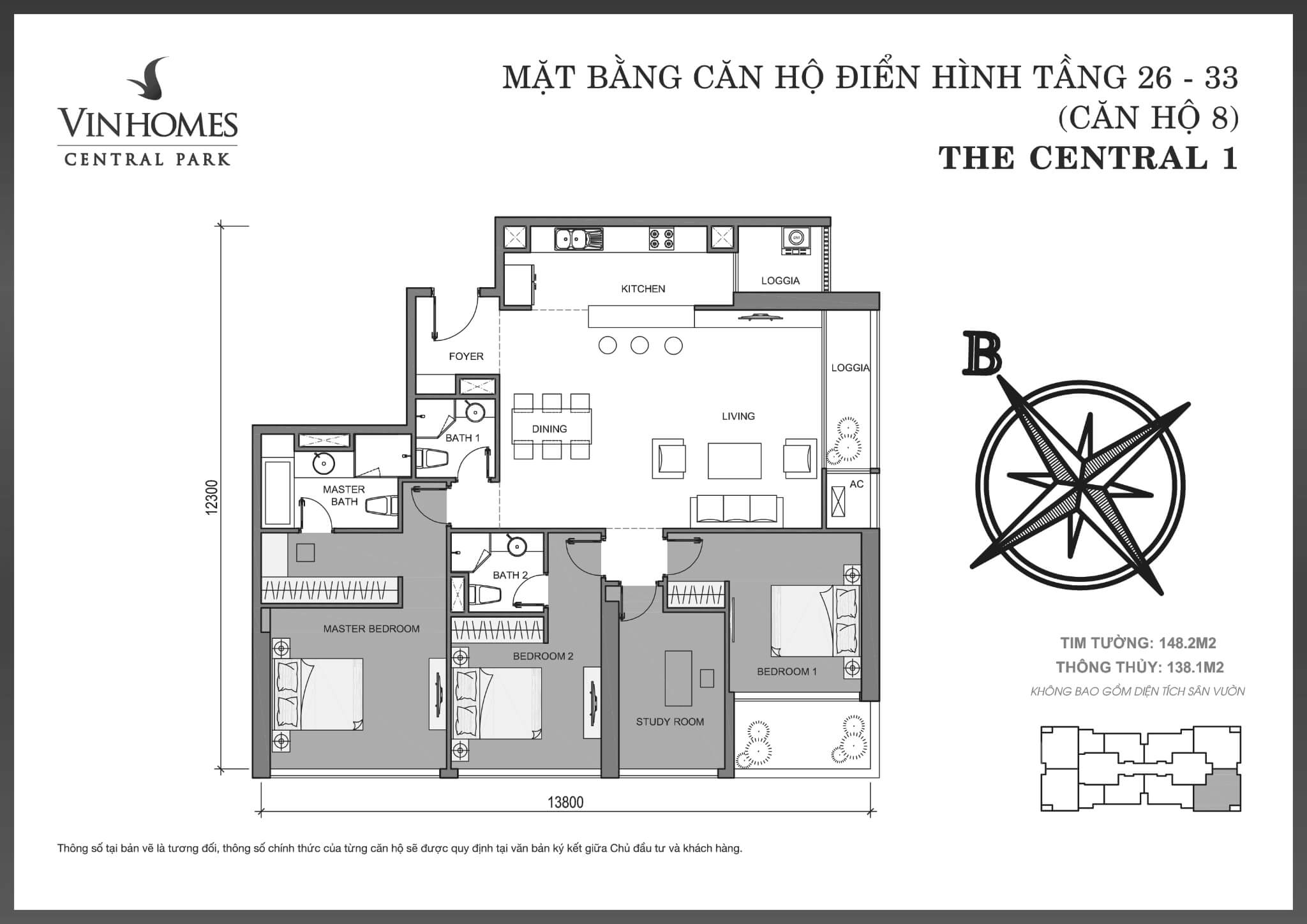 Layout căn hộ số 08 tầng 26-33 tòa The Central 1 - Mặt bằng Vinhomes Central Park