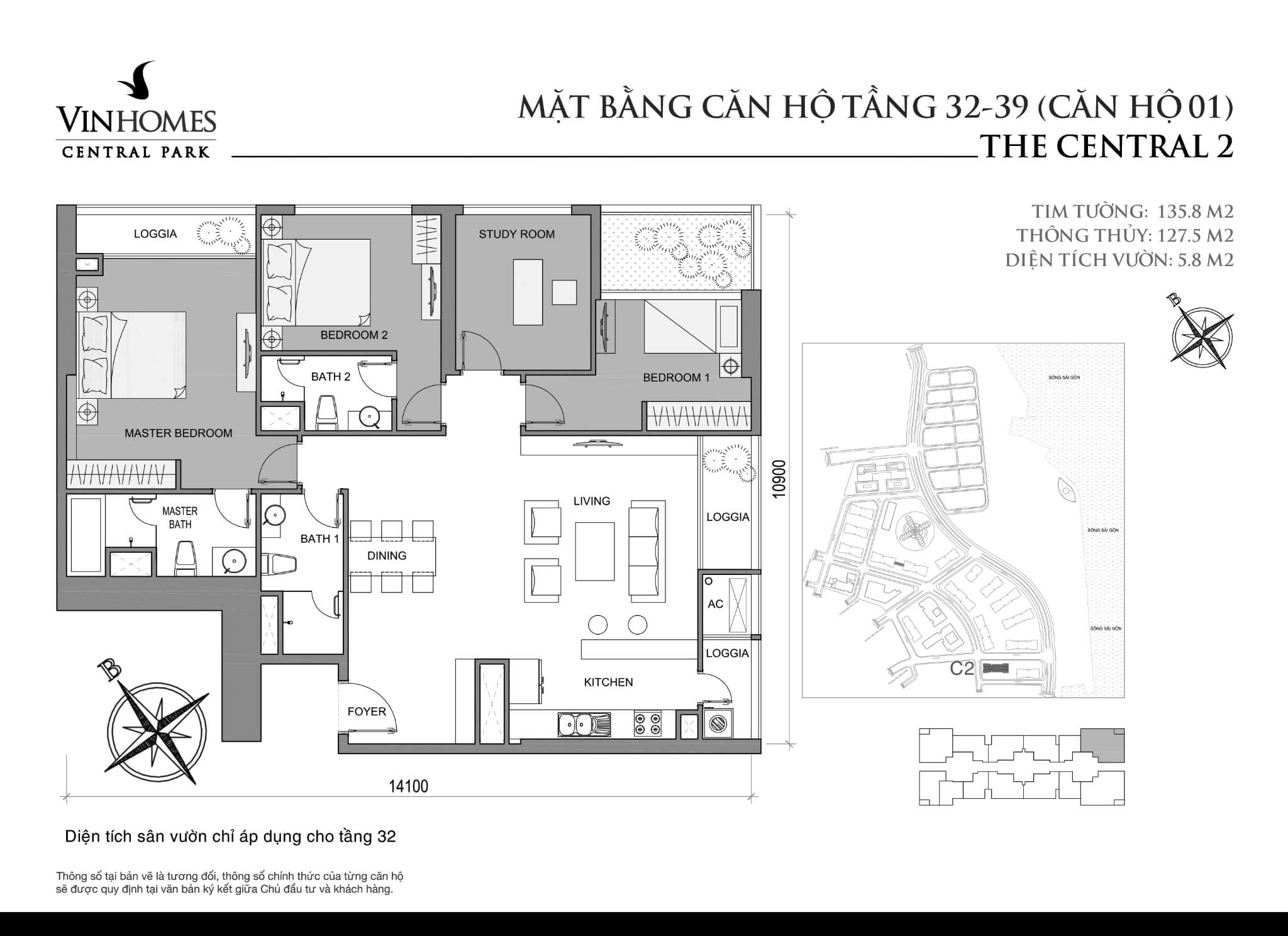 Layout C2-01 tầng 32-39 | Central 2 - Vinhomes Central Park