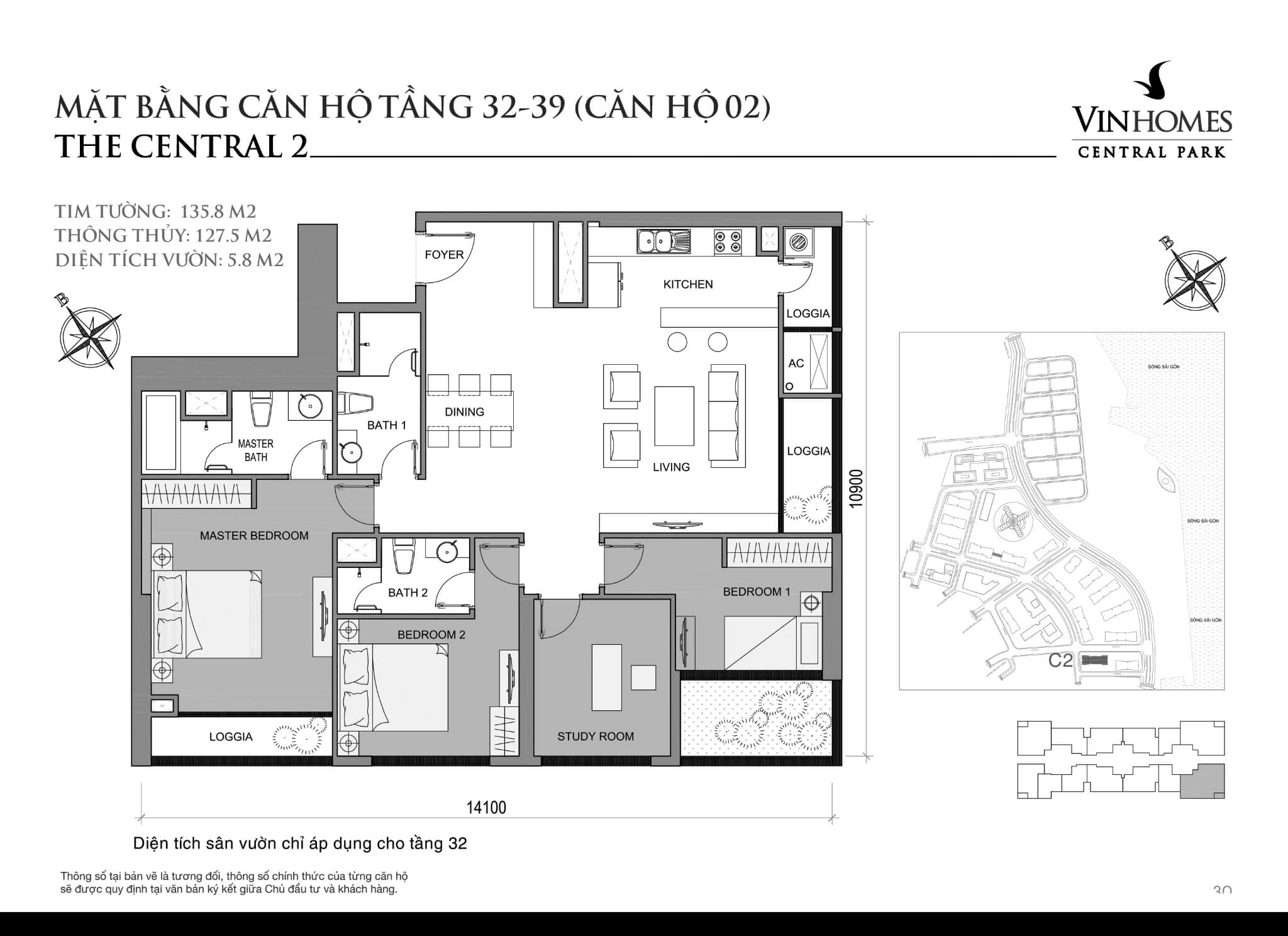 Layout C2-02 tầng 32-39 | Central 2 - Vinhomes Central Park