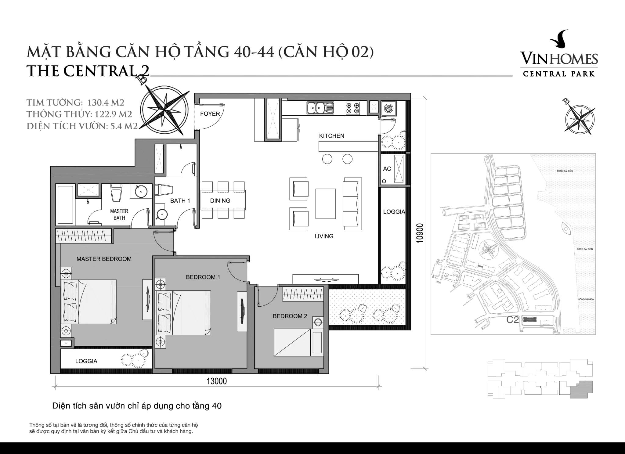 Layout căn hộ số 02 tầng 40-44 tòa The Central 2 - Mặt bằng Vinhomes Central Park