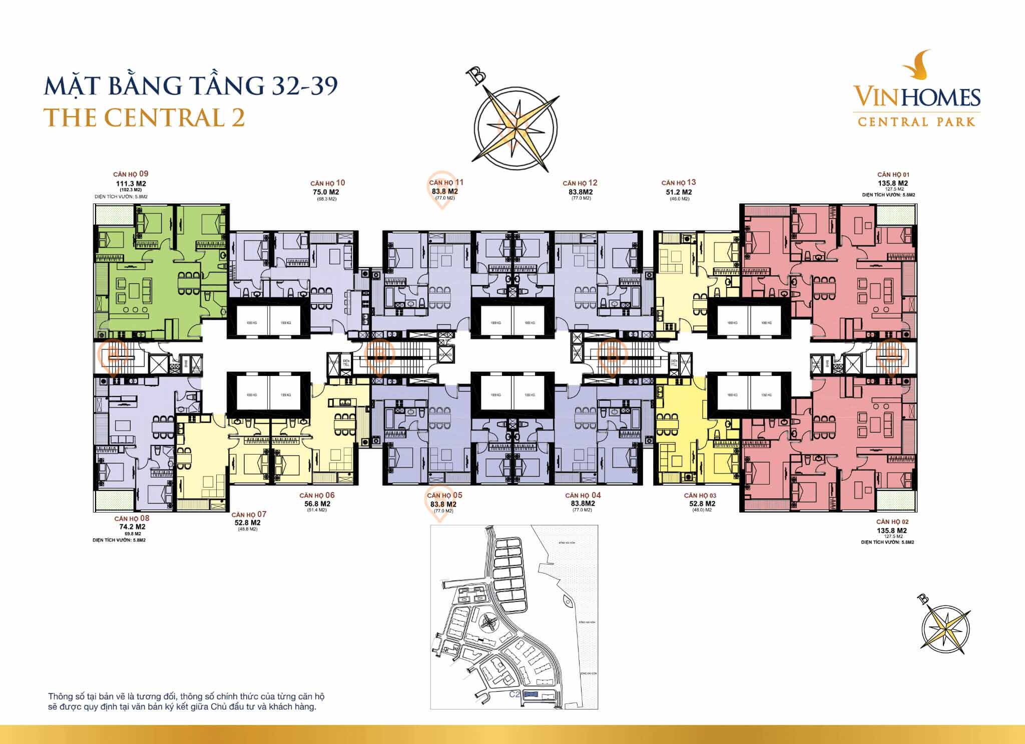 Mặt bằng layout tòa The Central 2 tầng 32-39 tại Vinhomes Central Park