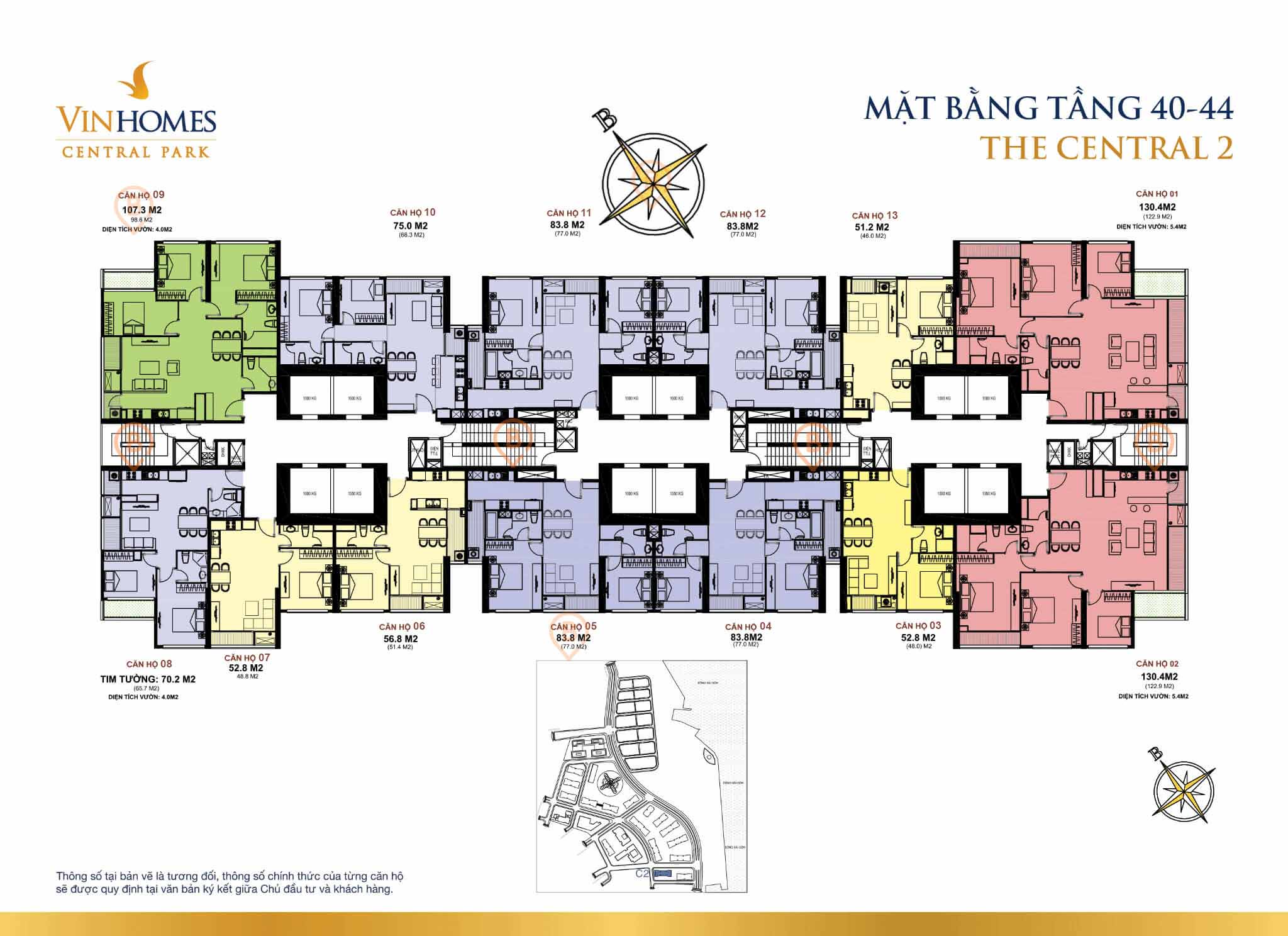 Mặt bằng layout tòa The Central 2 tầng 40-44 tại Vinhomes Central Park