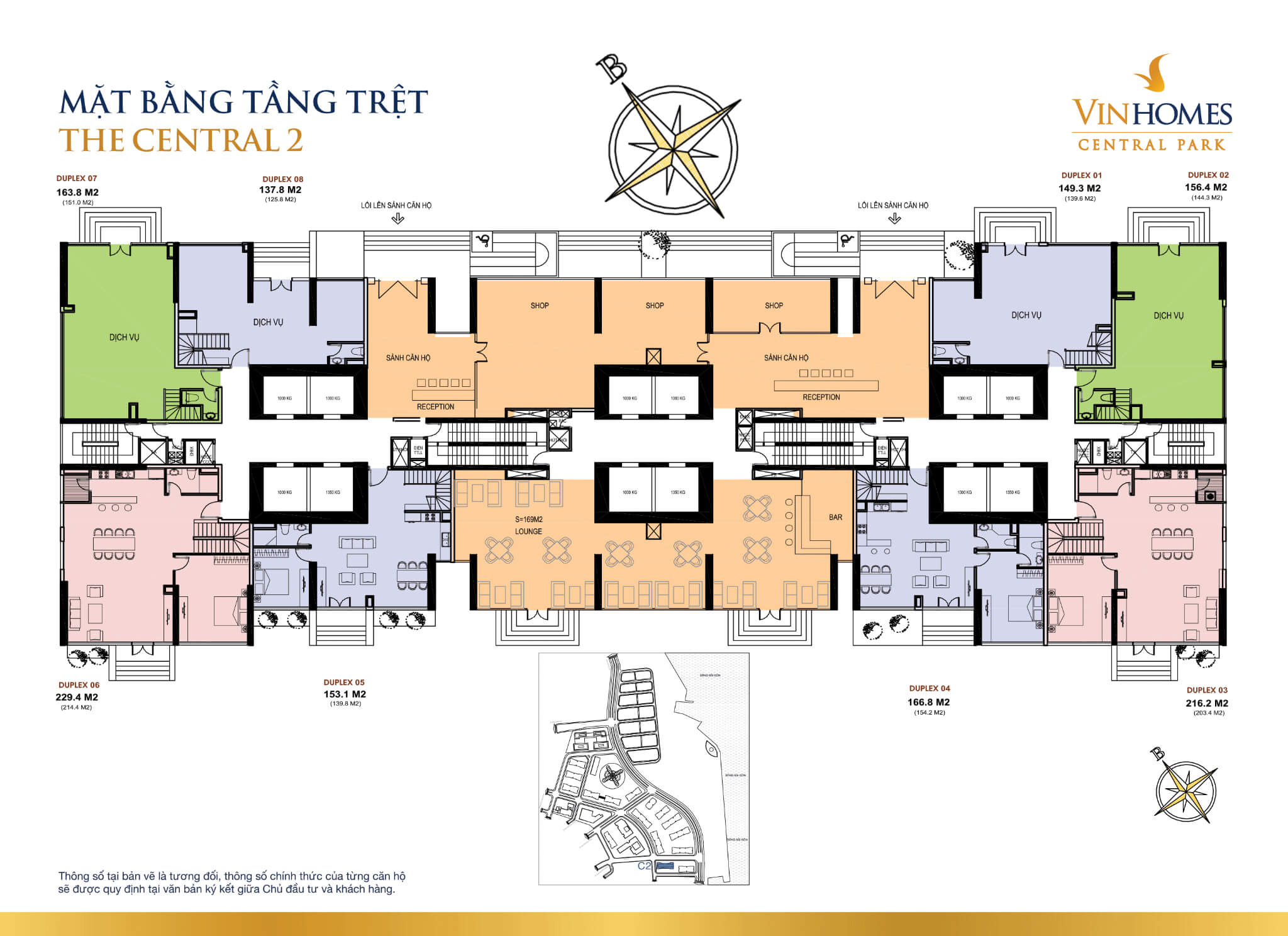 Mặt bằng layout tòa The Central 2 tầng trệt tại Vinhomes Central Park