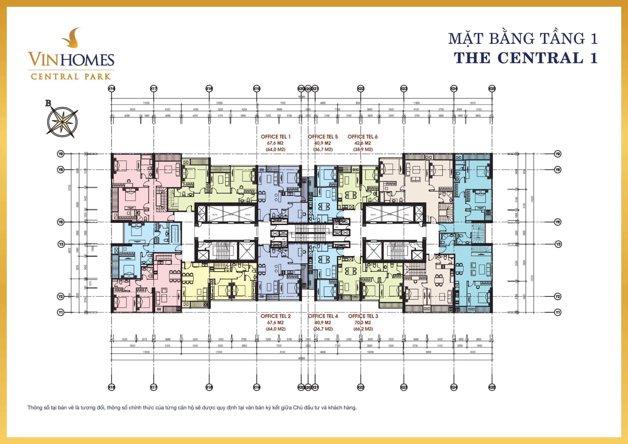 Mặt bằng layout tòa The Central 1 tầng 1 tại Vinhomes Central Park