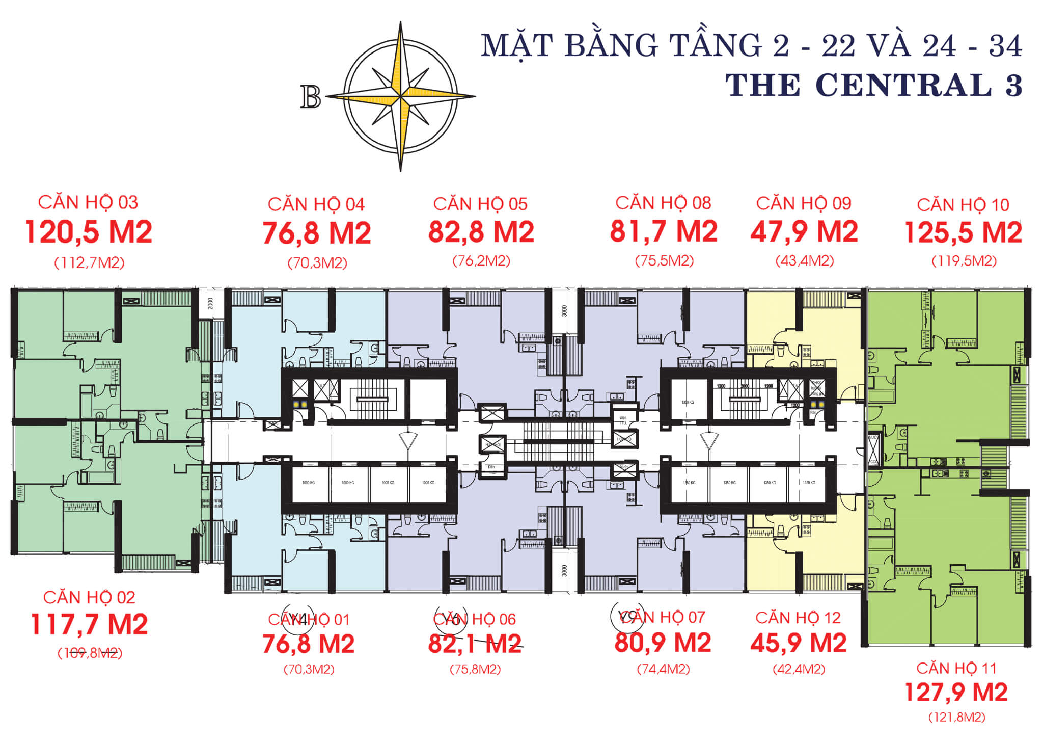 Mặt bằng layout tòa The Central 3 tầng 2-34 tại Vinhomes Central Park