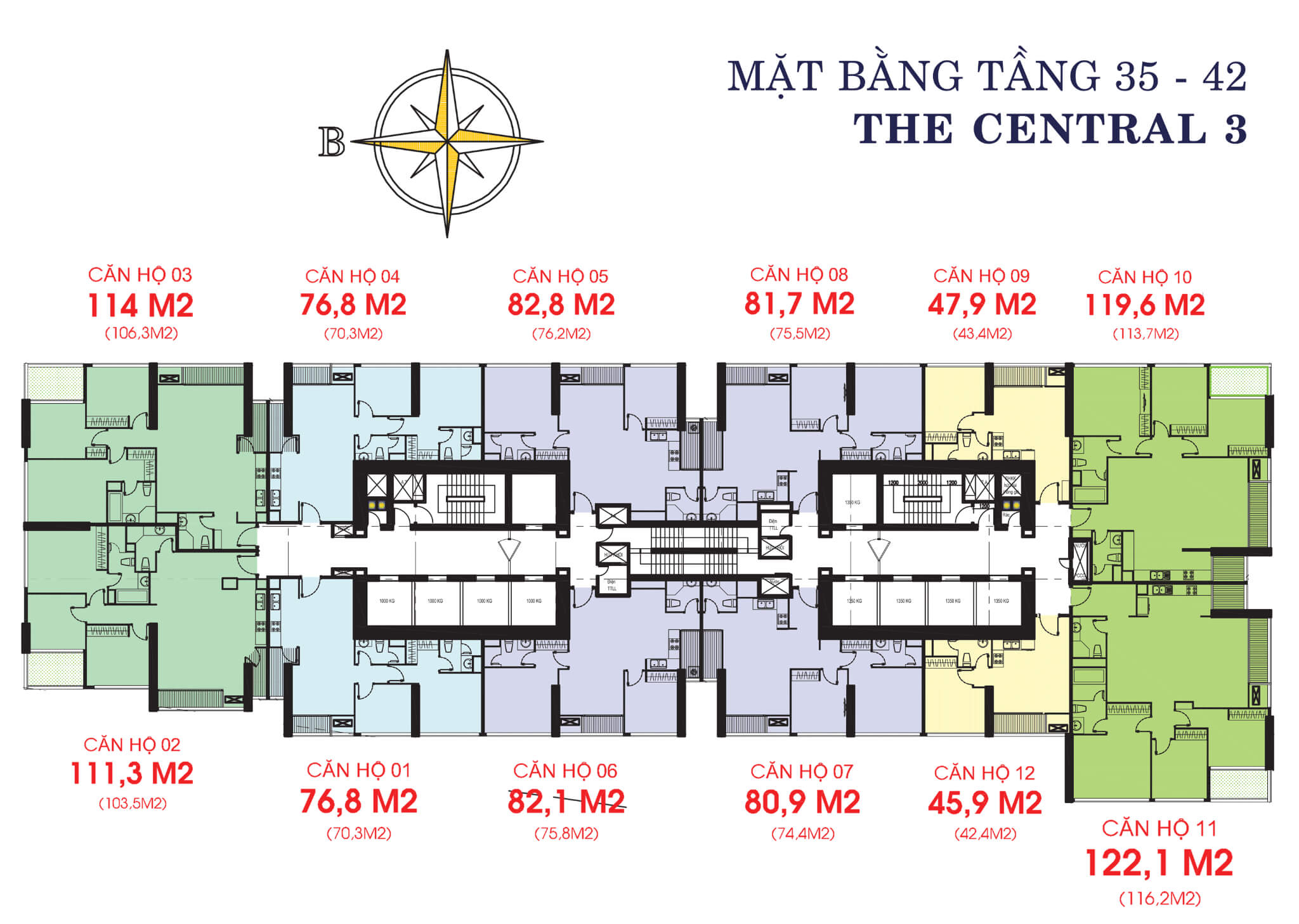 Mặt bằng layout tòa The Central 3 tầng 35-42 tại Vinhomes Central Park