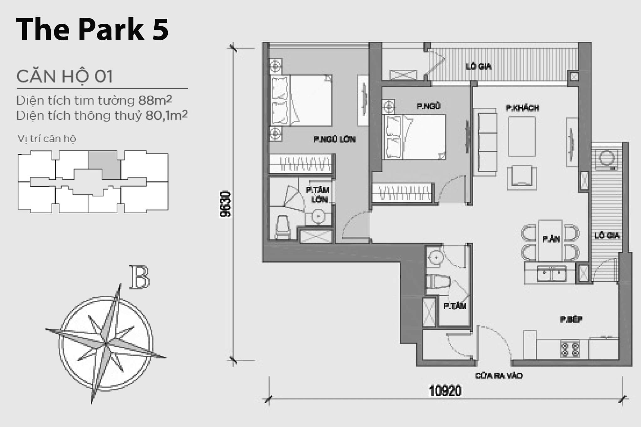 Layout căn hộ số 01 tòa The Park 5 - Mặt bằng Vinhomes Central Park