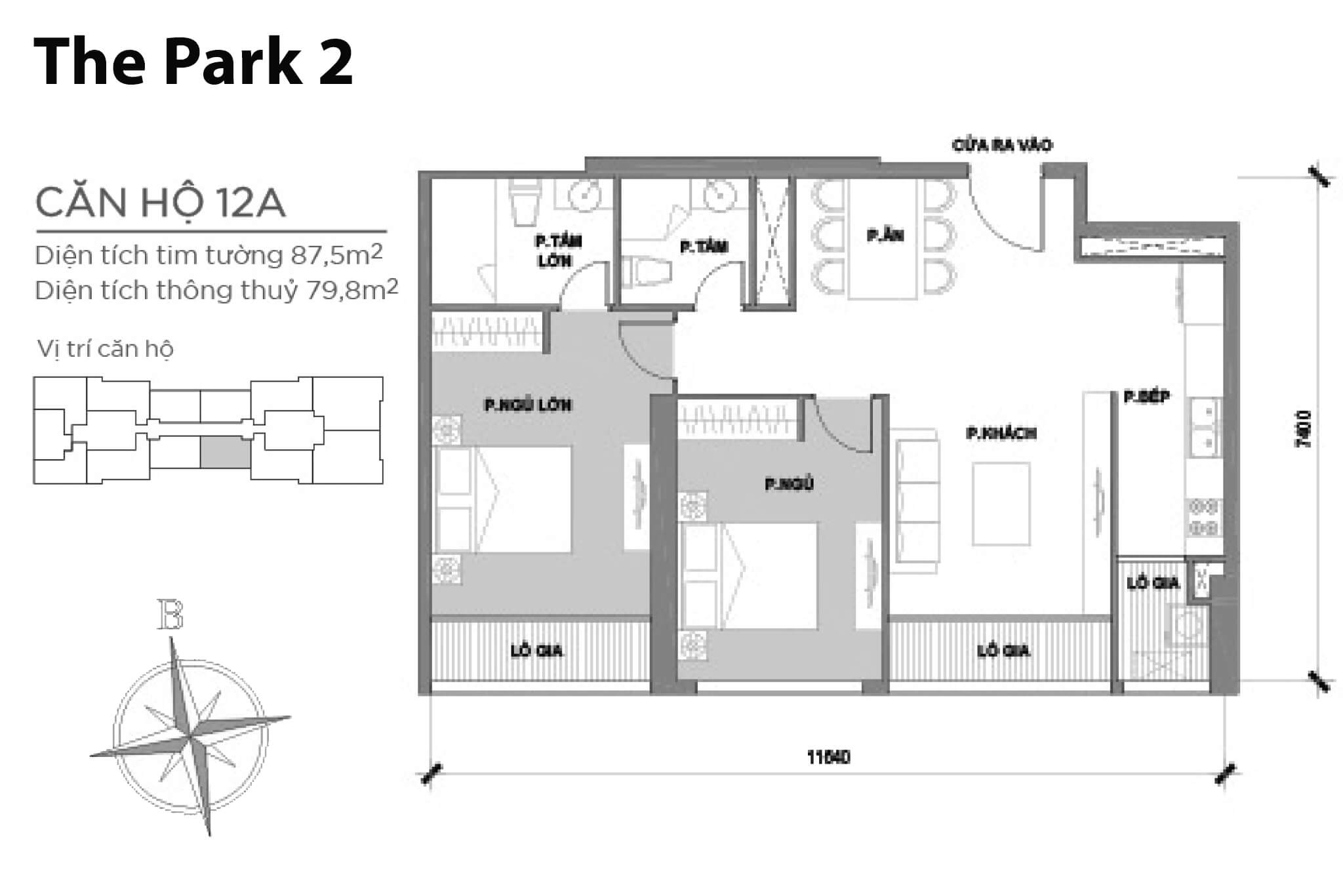 Layout căn hộ số 12A tòa The Park 2 - Mặt bằng Vinhomes Central Park