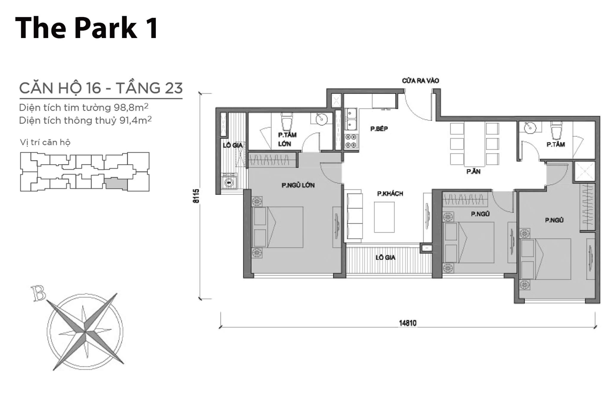 Layout căn hộ số 16 tầng 23 tòa The Park 1 - Mặt bằng Vinhomes Central Park